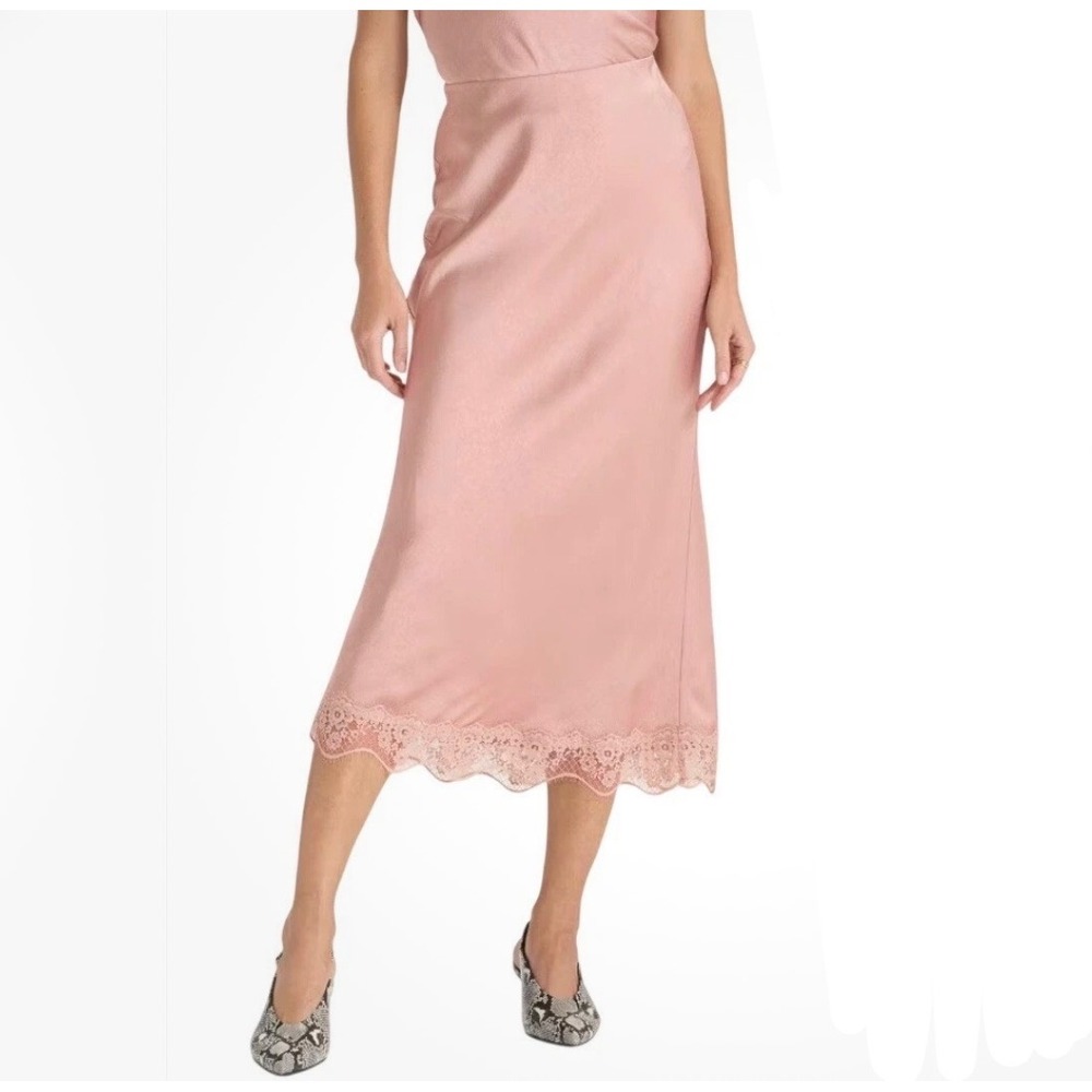 A New Day Medium Pink Crinkle Satin Lace Trim Midi Maxi Skirt Y2K 2000s
